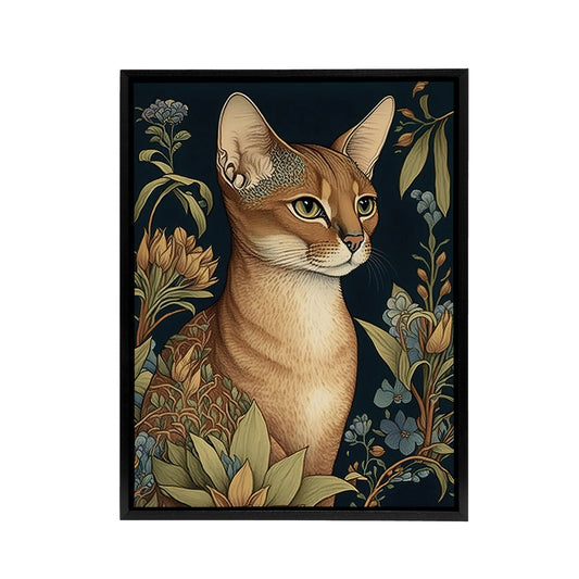 Abyssinian Cat and Flowers Art Nouveau Black Framed Canvas Wall Art Print