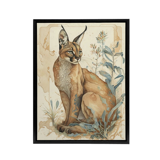 Caracal Cat With Plants Modern Black Framed Canvas Wall Art Print