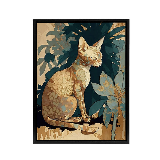 Devon Rex Cat With Floral Pattern Fur Black Framed Canvas Wall Art Print