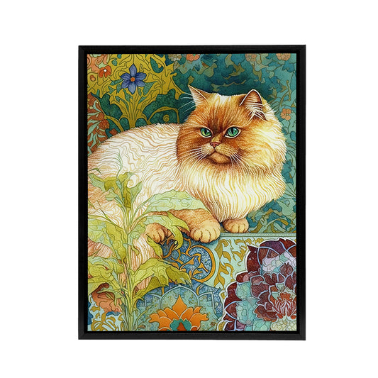 Persian Cat With Floral Pattern Black Framed Canvas Wall Art Print