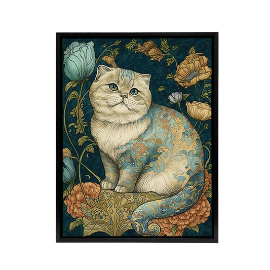 Cute Cat With Floral Pattern Fur Black Framed Canvas Wall Art Print