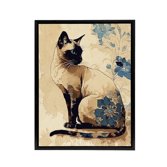 Siamese Cat Floral Watercolour Portrait Black Framed Canvas Wall Art Print
