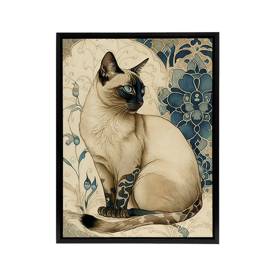 Siamese Cat Floral Art Nouveau Black Framed Canvas Wall Art Print