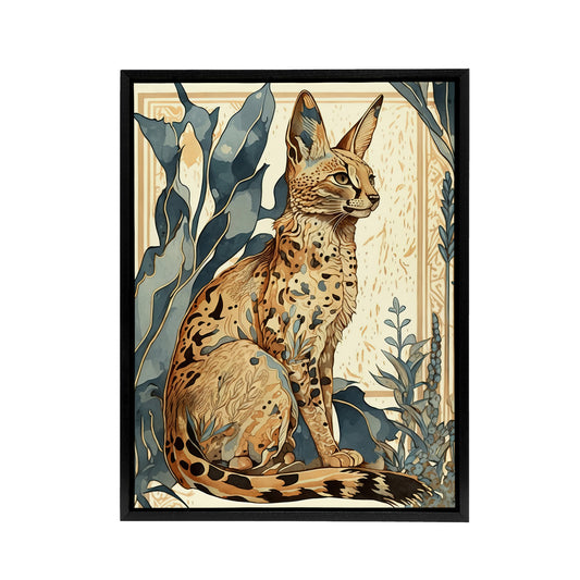 Serval Cat With Savanna Plants Black Framed Canvas Wall Art Print