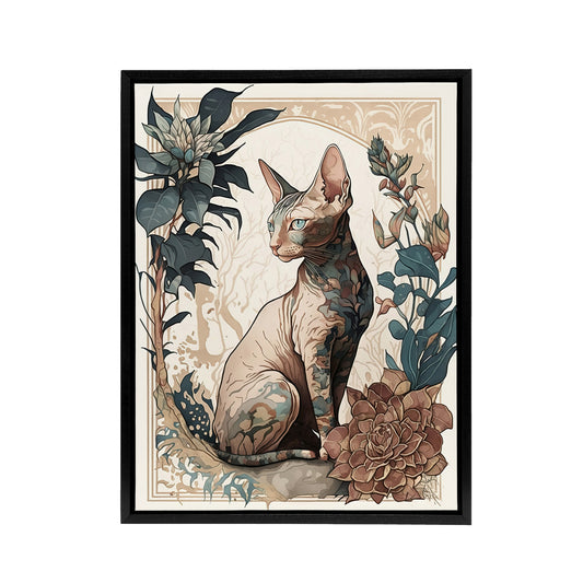 Sphynx Cat With Flower Blooms Black Framed Canvas Wall Art Print