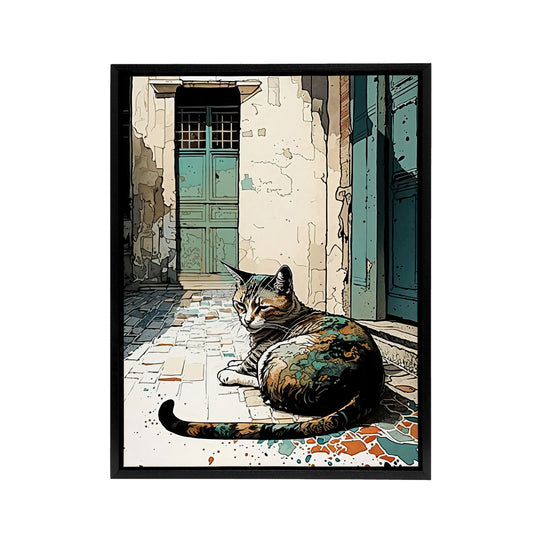 Street Cat Sunbathing On Cobblestone Black Framed Canvas Wall Art Print