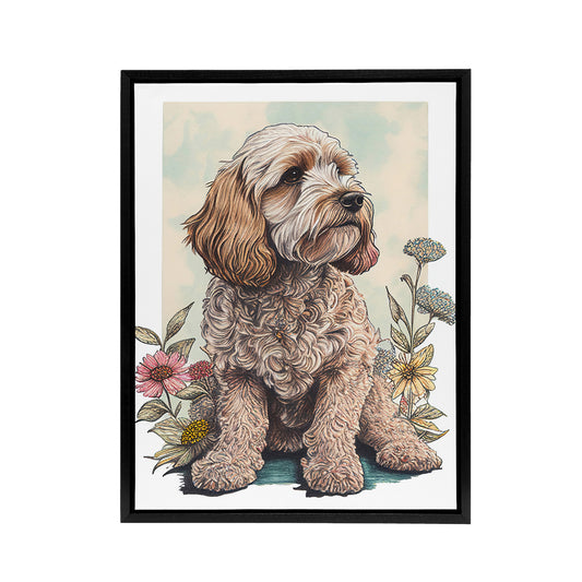 Cockapoo Dog With Spring Wildflowers Black Framed Canvas Wall Art Print