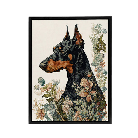 Doberman Dog With Wild Flowers Boho Black Framed Canvas Wall Art Print