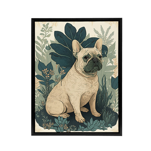 French Bulldog And Tropical Plants Black Framed Canvas Wall Art Print