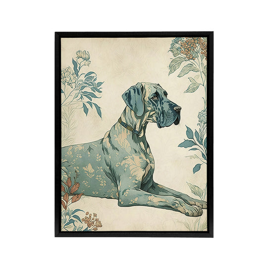 Great Dane Dog With Flower Pattern Black Framed Canvas Wall Art Print
