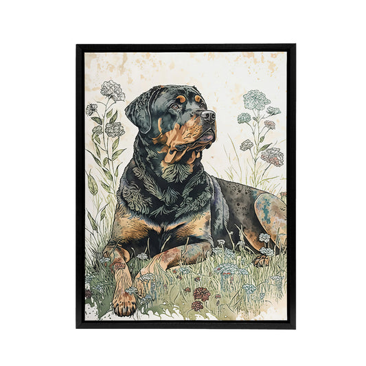 Rottweiler Dog Laying In Wildflowers Black Framed Canvas Wall Art Print