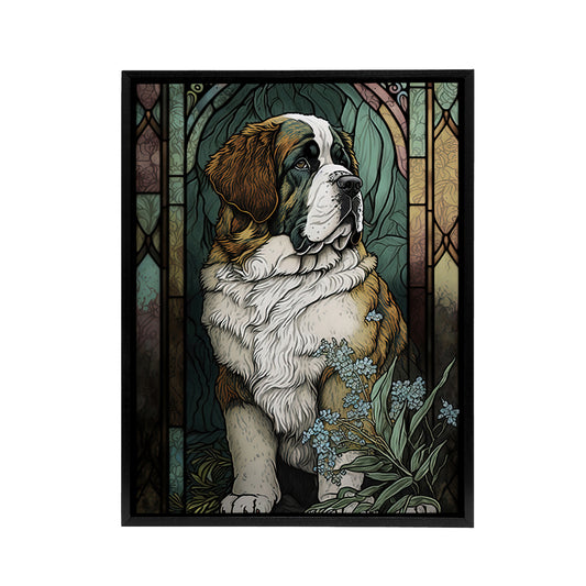 St Bernard Dog Floral Modern Art Nouveau Black Framed Canvas Art Print