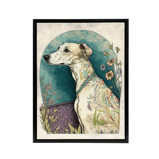 Whippet Dog With Flowers Modern Black Framed Canvas Wall Art Print