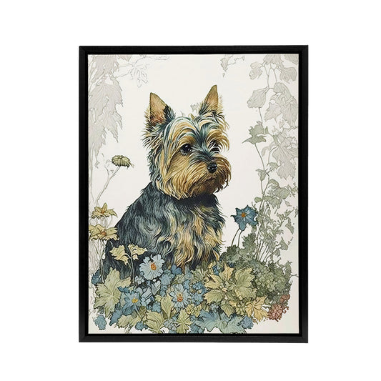 Yorkshire Terrier Dog In Wildflowers Black Framed Canvas Wall Art Print