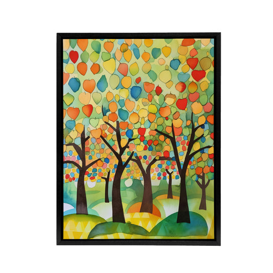 Apple Tree Orchard Abstract Folk Art Black Framed Canvas Wall Art Print