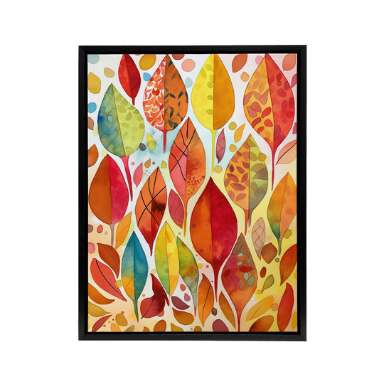 Autumn Leaves With Folk Art Patterns Black Framed Canvas Wall Art Print