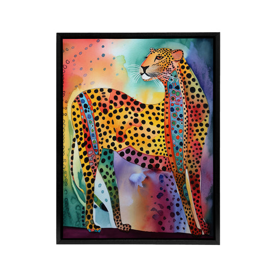 Colourful Cheetah Folk Art Watercolour Black Framed Canvas Wall Art Print