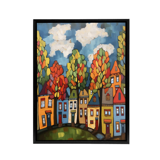 Colourful Cityscape With Autumn Trees Black Framed Canvas Wall Art Print