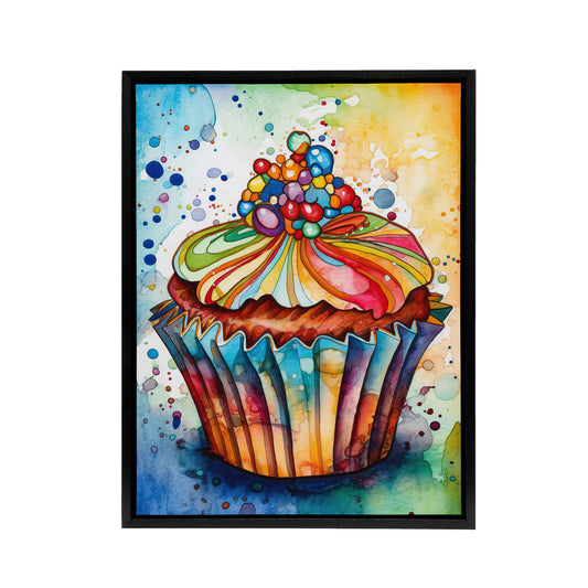 Cupcake Vibrant Watercolour Kitchen Decor Black Framed Canvas Art Print