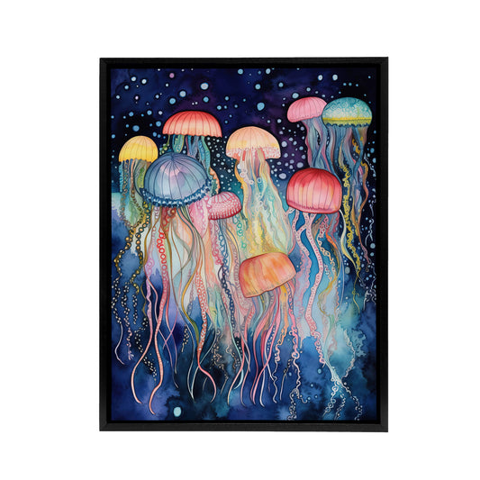 Colourful Watercolour Jellyfish Black Framed Canvas Wall Art Print
