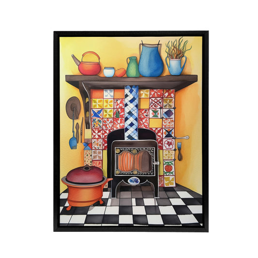 Kitchen Hearth Fireplace Black Framed Canvas Wall Art Print