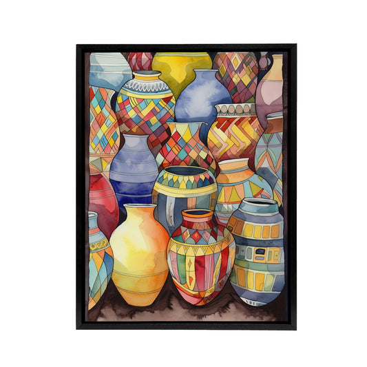 Glazed Ceramic Pot Vases Folk Art Black Framed Canvas Wall Art Print