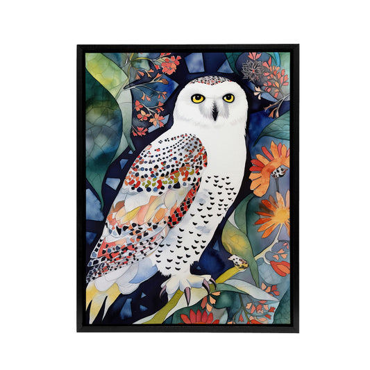 Snowy Owl On Blooming Tree Folk Art Black Framed Canvas Wall Art Print