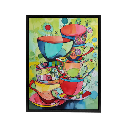 Abstract Tea Cups Folk Art Kitchen Black Framed Canvas Wall Art Print