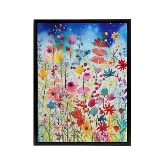 Summer Wildflower Meadow Folk Art Black Framed Canvas Wall Art Print