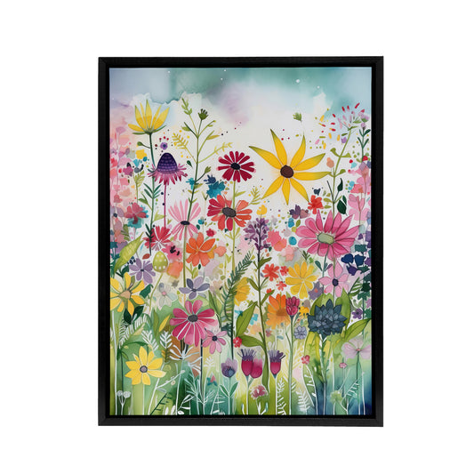 Bright Wildflower Floral Blooms Black Framed Canvas Wall Art Print