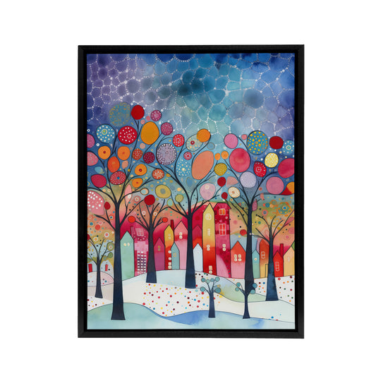 Winter Abstract Village Folk Art Black Framed Canvas Wall Art Print