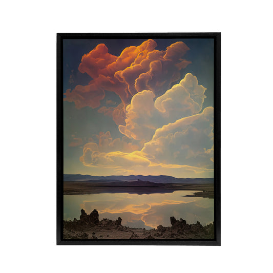 Vintage Style Atmospheric Clouds Over Lake Black Framed Canvas Art Print