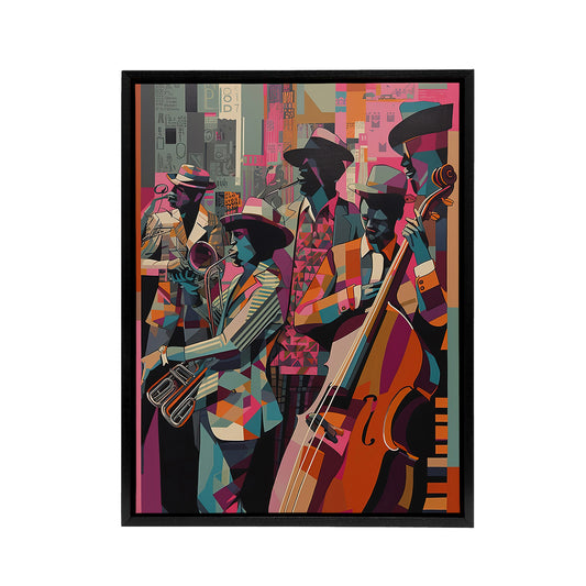 Abstract New Orleans Jazz Musicians Black Framed Canvas Wall Art Print
