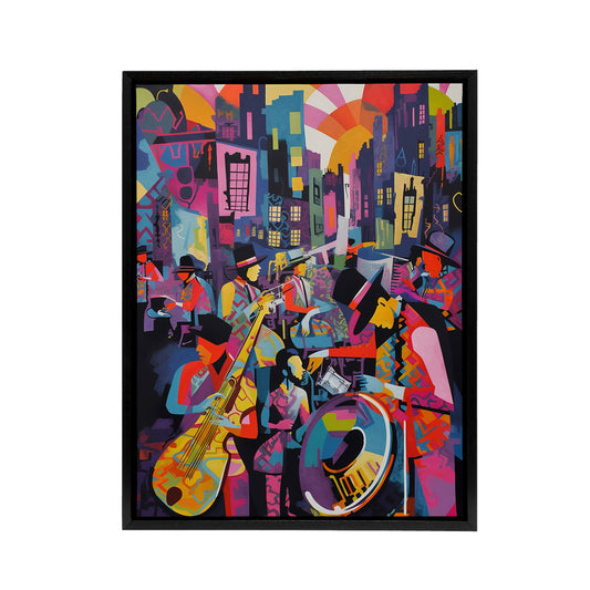 Abstract New Orleans Jazz Festival Musicians Black Framed Canvas Wall Art