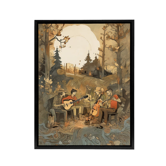 Countryside Folk Band Musicians Black Framed Canvas Wall Art Print