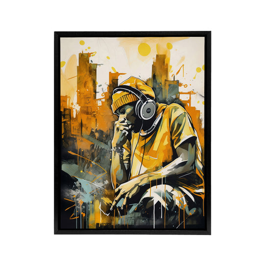 City Skyline And Young Man With Headphones Black Framed Canvas Art Print