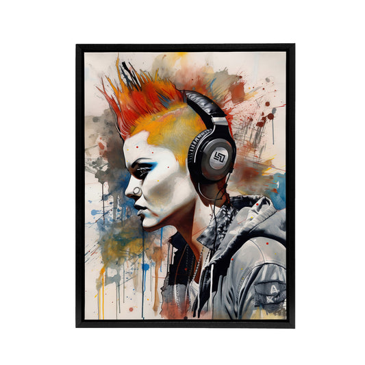Punk Woman With Mohawk And Headphones Black Framed Canvas Wall Art Print