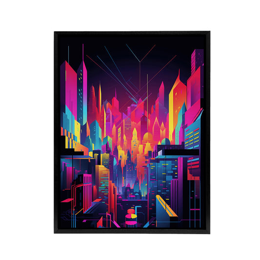 Neon Colour Abstract Cityscape Black Framed Canvas Wall Art Print