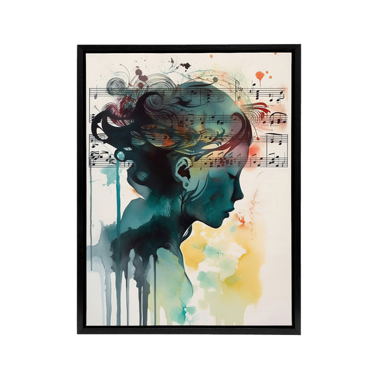 Woman Watercolour Portrait With Music Notes Black Framed Canvas Art Print