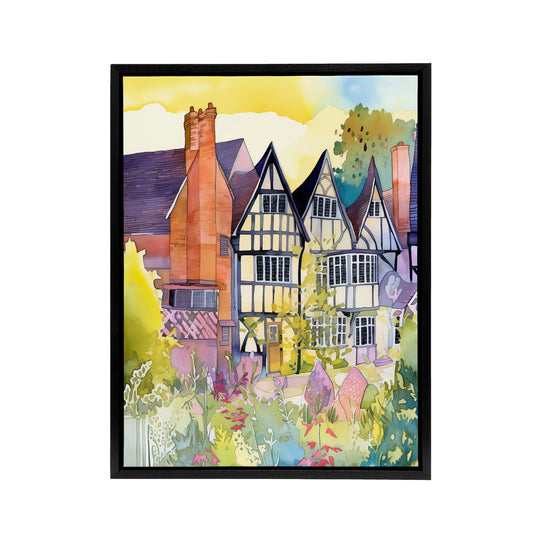 Sunrise Over Tudor Houses Floral Black Framed Canvas Wall Art Print
