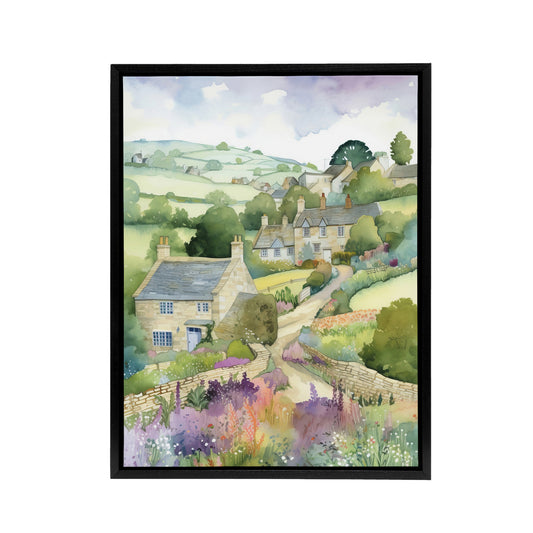 Countryside Landscape With Cottages Black Framed Canvas Wall Art Print