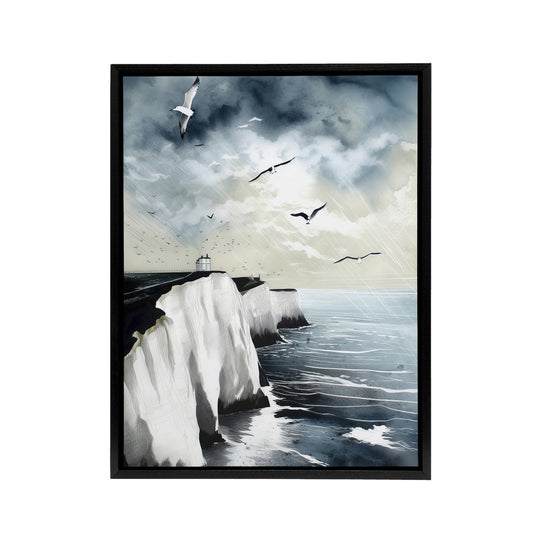 Seagulls Over Dover Cliffs In England Black Framed Canvas Wall Art Print
