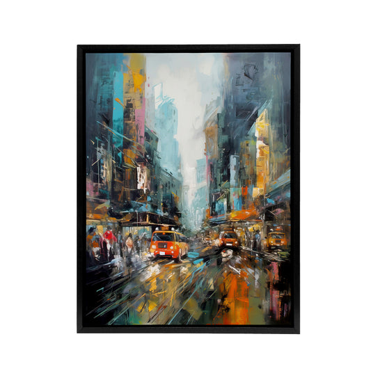 New York City Rain Abstract Cityscape Black Framed Canvas Wall Art Print
