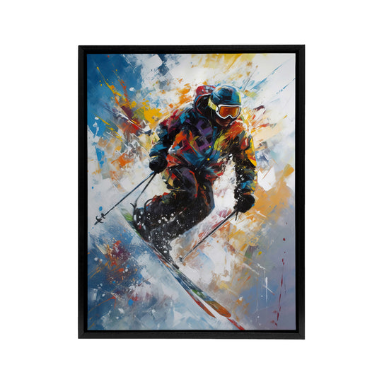 Skier Skiing Down Slope Colourful Black Framed Canvas Wall Art Print