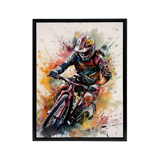 Mountain Biker Action Shot Paint Splatter Black Framed Canvas Art Print