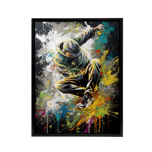 Breakdancer B Boy Dancing Paint Splatter Black Framed Canvas Art Print