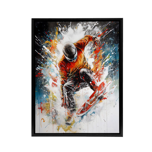 Extreme Sports Snowboarding Paint Splat Black Framed Canvas Wall Art Print
