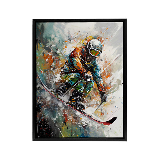 Skier Skiing Winter Sport Paint Splat Black Framed Canvas Wall Art Print