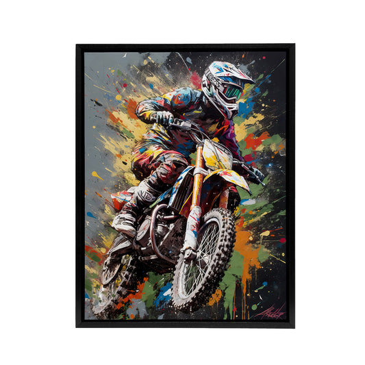 Dirt Bike Sport Motocross Paint Splat Black Framed Canvas Wall Art Print