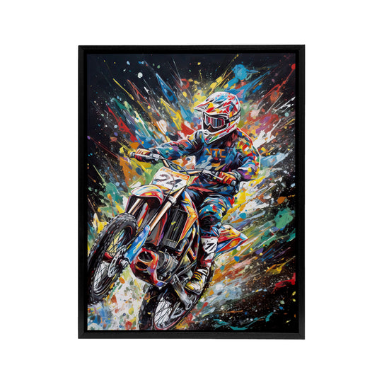 Motorcycle Motocross Rider Colourful Black Framed Canvas Wall Art Print